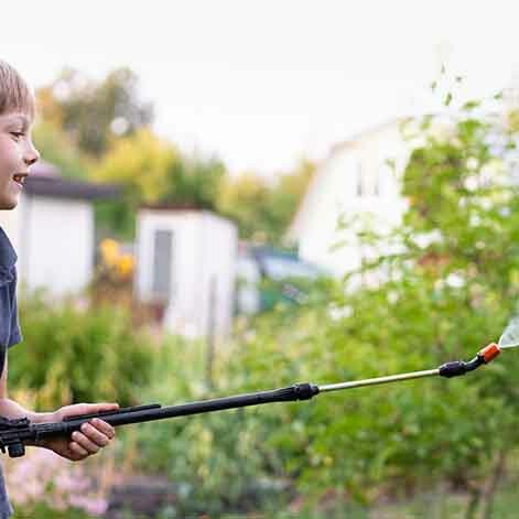 Little boy with garden hose for beetle issues in Colorado