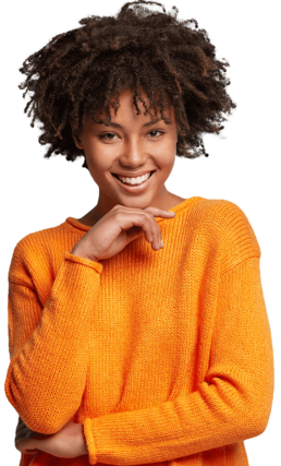 Woman smiling in orange sweater for OBEX header
