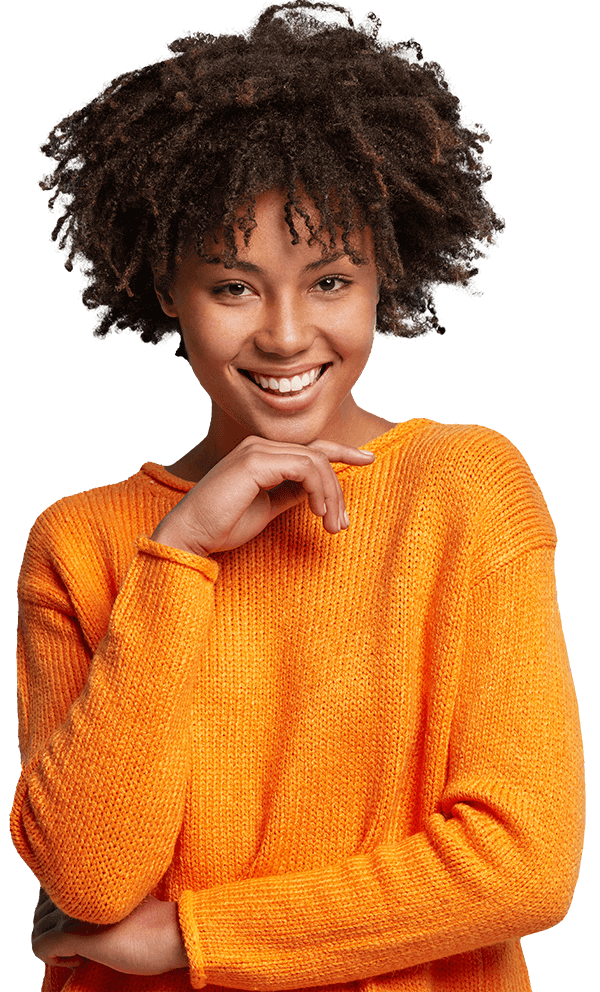 Woman smiling in orange sweater for OBEX header